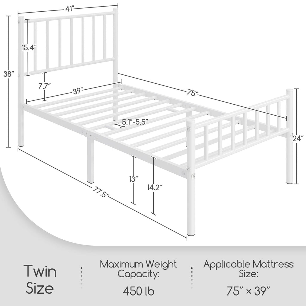 Twin Size White Metal Platform Bed Frame with Spindle Headboard S72140