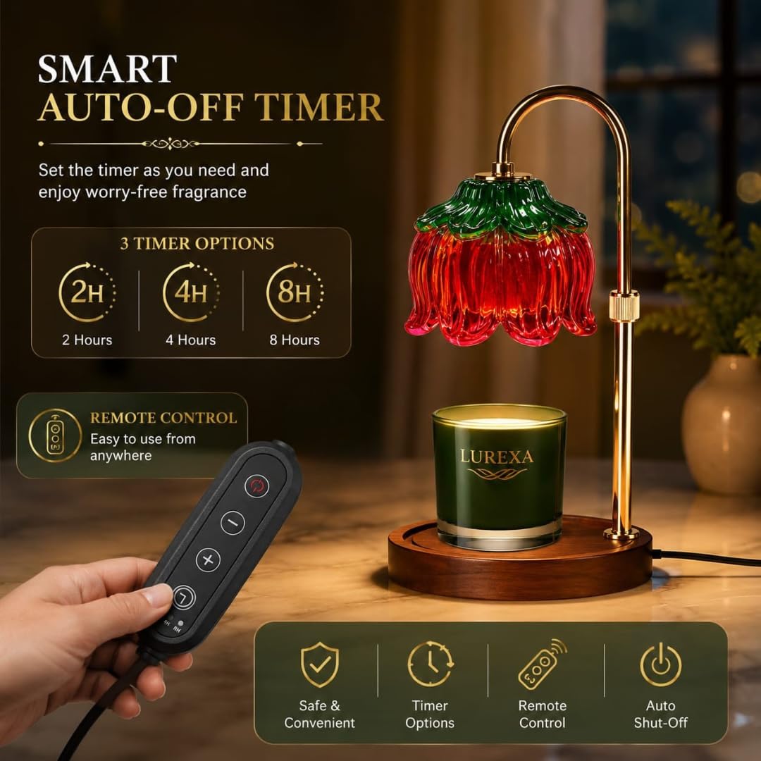 Adjustable Height Candle Warmer Lamp with Timer & Dimmer, Glass Lotus Wax Warmer, 2 GU10 50W Bulbs, Wooden Base K849