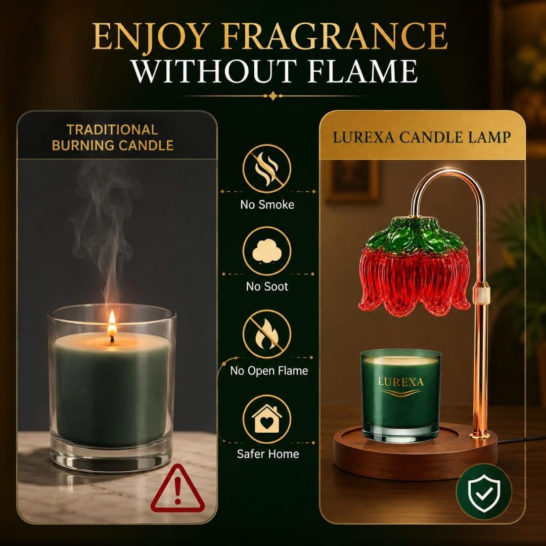 Adjustable Height Candle Warmer Lamp with Timer & Dimmer, Glass Lotus Wax Warmer, 2 GU10 50W Bulbs, Wooden Base K849