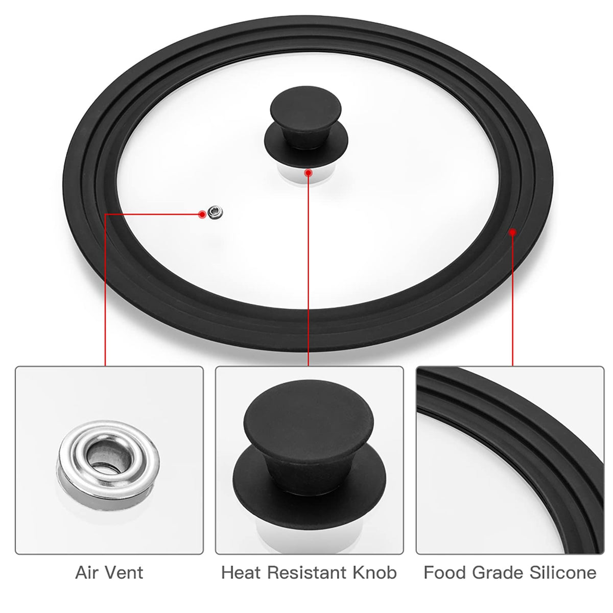 Vented Tempered Glass Universal Lid with Silicone Rim, Fits 11-12.5 inch Cookware, Black Q963