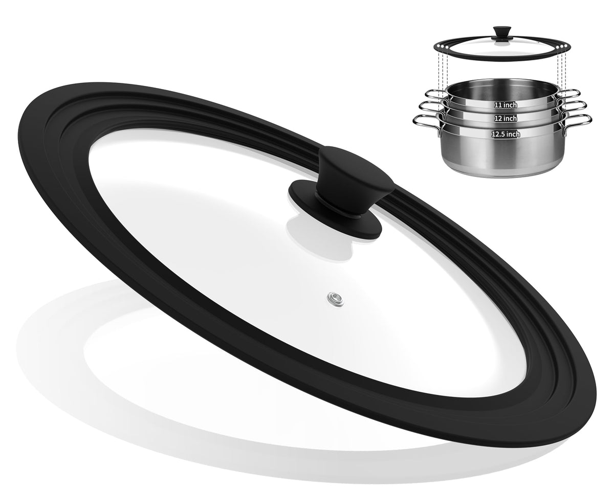 Vented Tempered Glass Universal Lid with Silicone Rim, Fits 11-12.5 inch Cookware, Black Q963