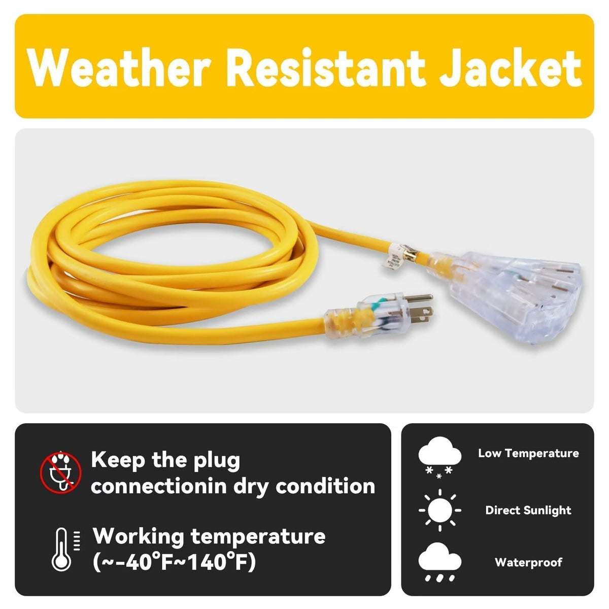 50 Ft Outdoor Extension Cord 3 Outlets Yellow Z2249