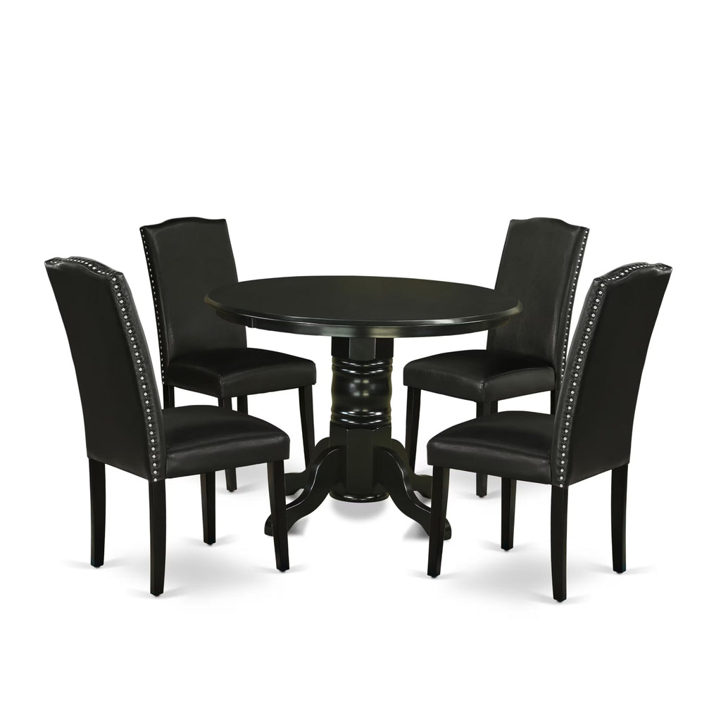 5 Piece Round Dining Table Set with 4 Black Faux Leather Chairs W860