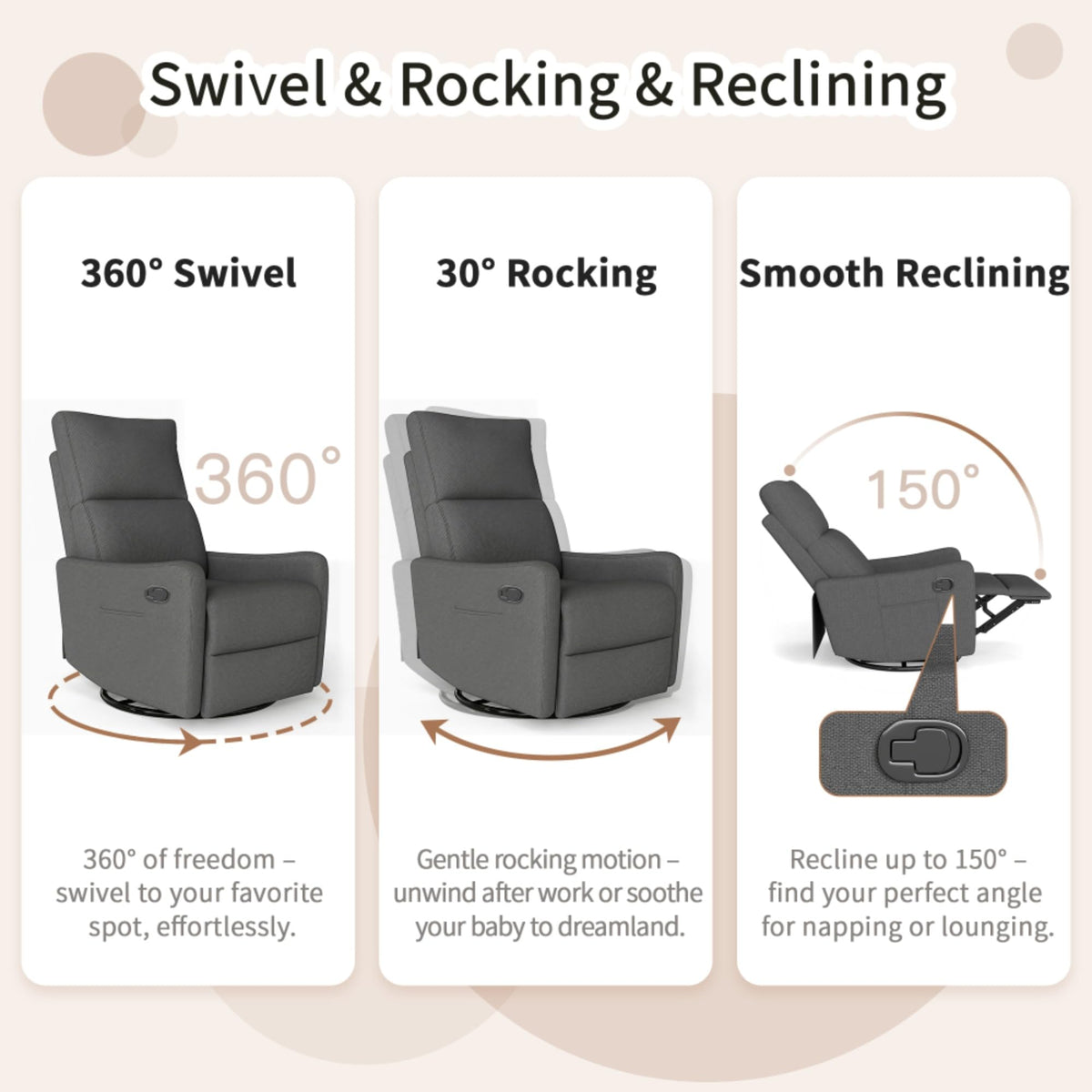 Swivel Rocker Recliner Chair with Pull Lever and Side Pocket S5757