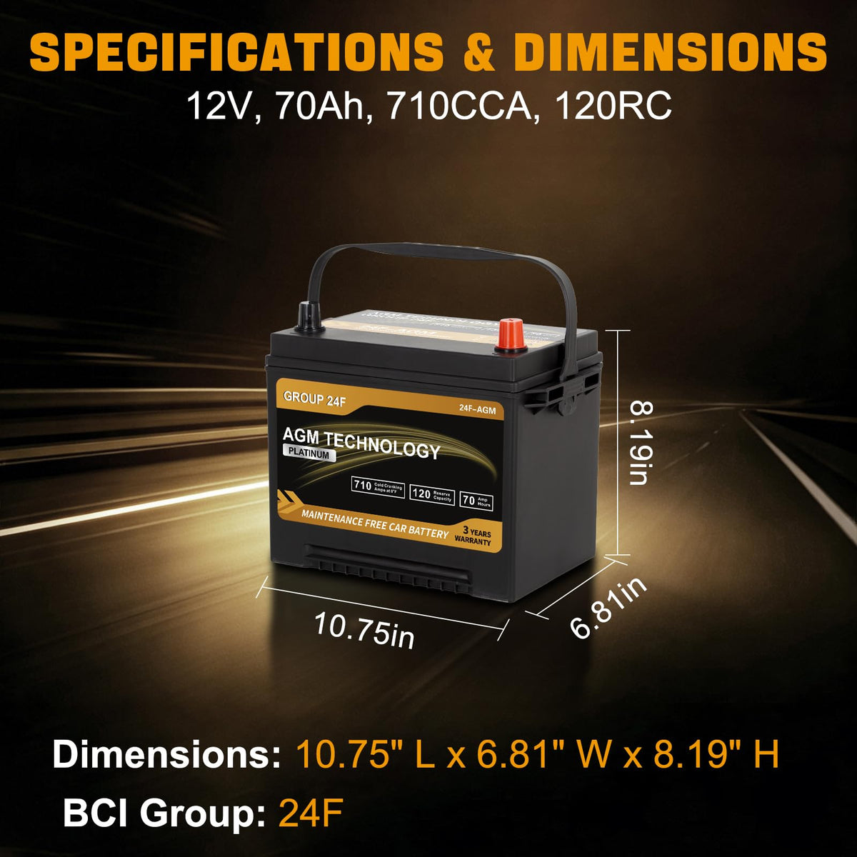 AGM Car Battery Group Size 24F 12V 70Ah 710 CCA R514