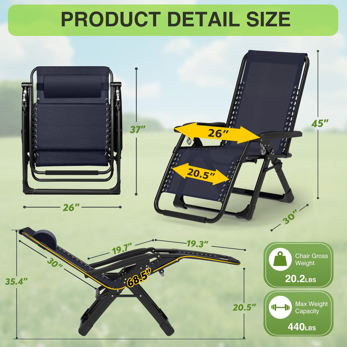 Zero Gravity Reclining Camping Chair Set of 2 with Cushion J564514