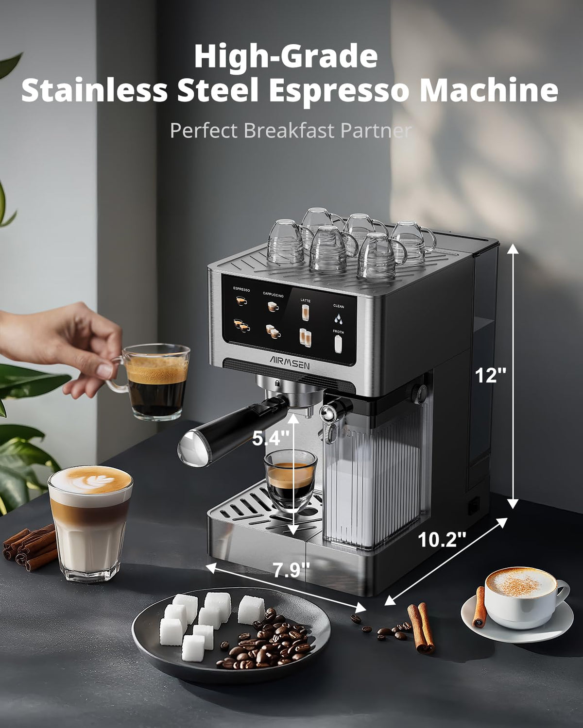 20 Bar Espresso Machine with Milk Frother, Stainless Steel, 60oz Water Tank B790