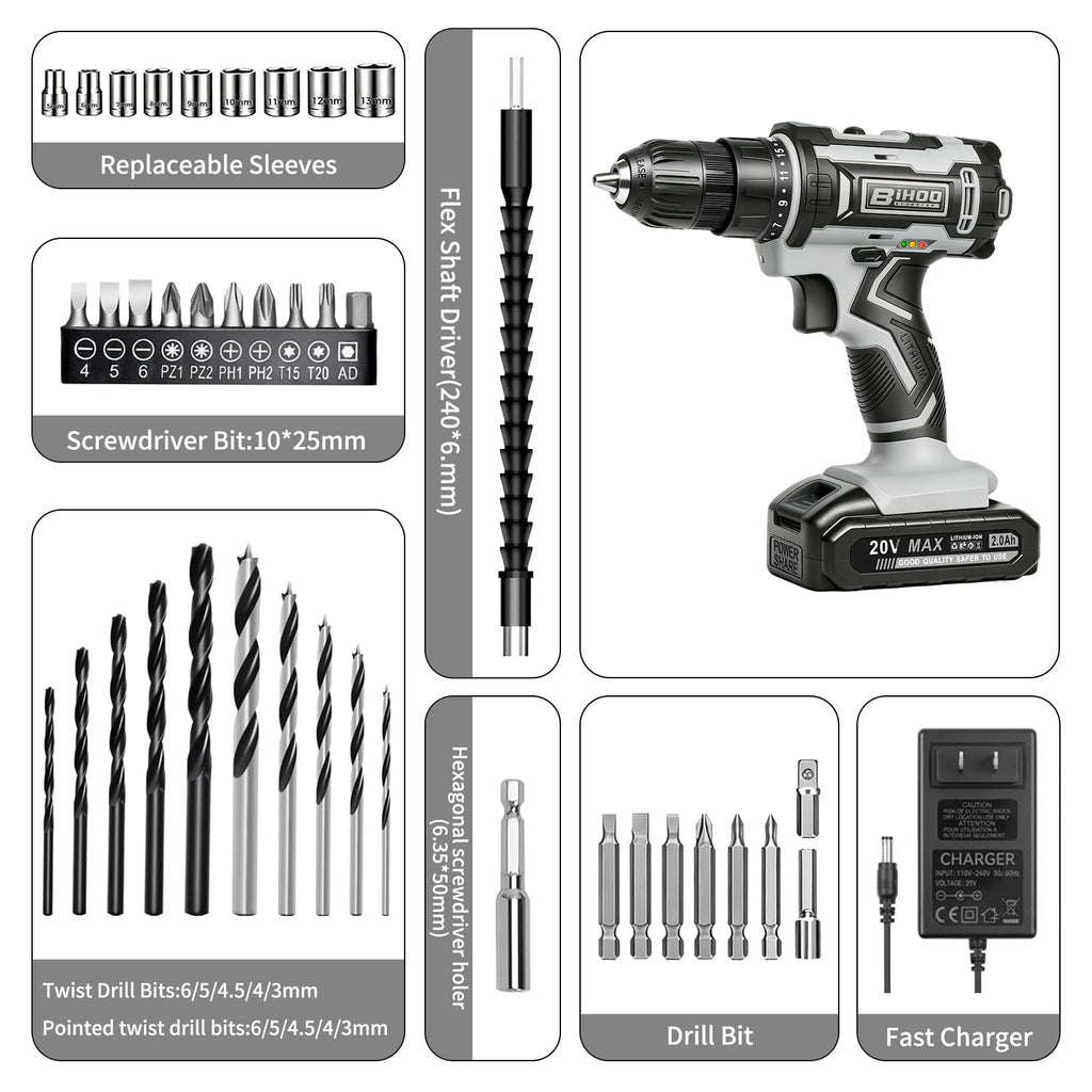 Cordless Drill with 25Nm max, Drill Bits Kit, Gray Z841