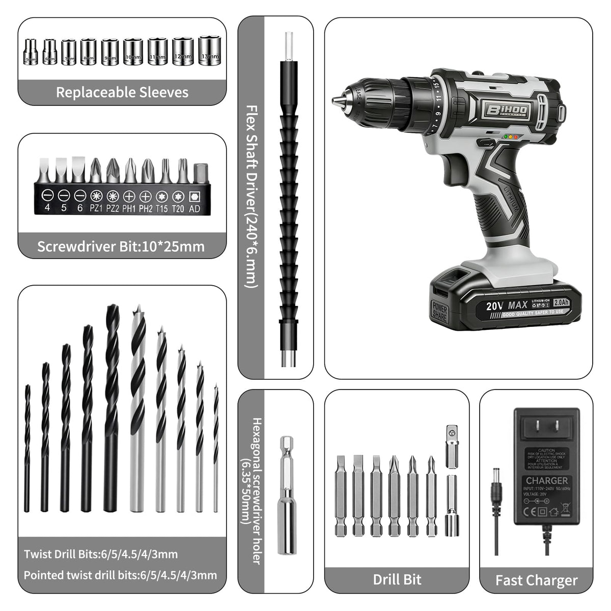 Cordless Drill with 25Nm max, Drill Bits Kit, Gray Z841
