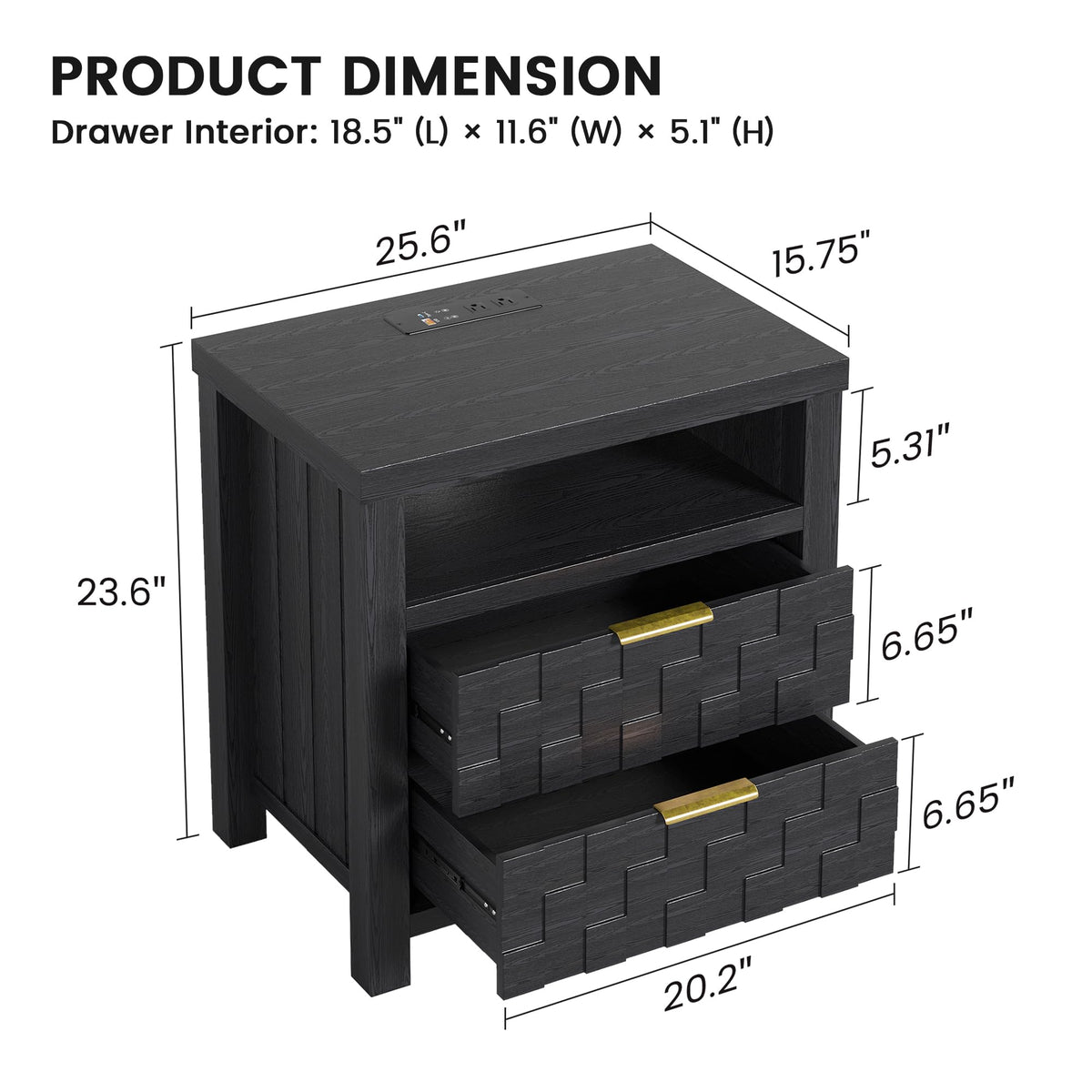 Black Nightstand with Charging Station, 2 Drawers, LED Lights Z739