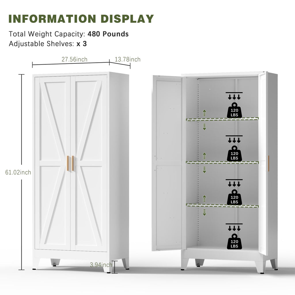 White Farmhouse Storage Kitchen Pantry Cabinet with 2 Barn Door, 3 Adjustable Shelves and Legs B11367