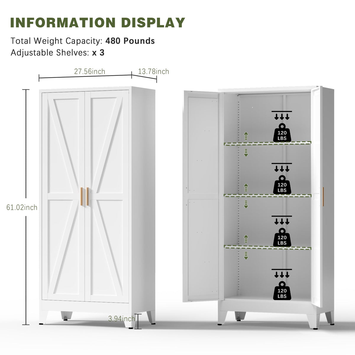 White Farmhouse Storage Kitchen Pantry Cabinet with 2 Barn Door, 3 Adjustable Shelves and Legs B11367