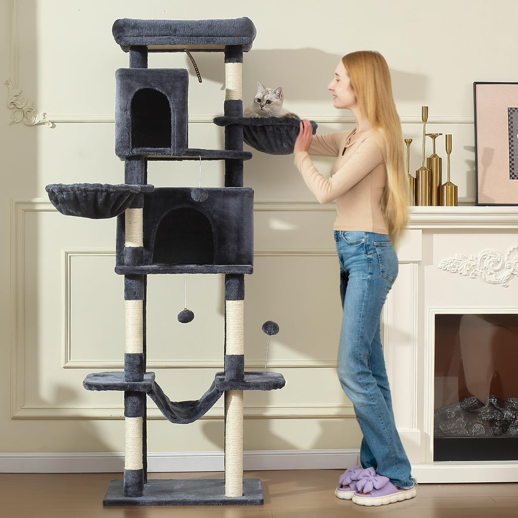 70-Inch Large Cat Tree Tower with Hammock, Scratching Post, Condo, Dark Gray M110