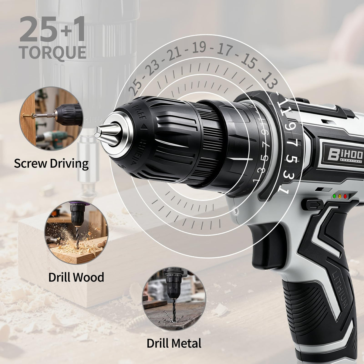 Cordless Drill with 25Nm max, Drill Bits Kit, Gray Z841