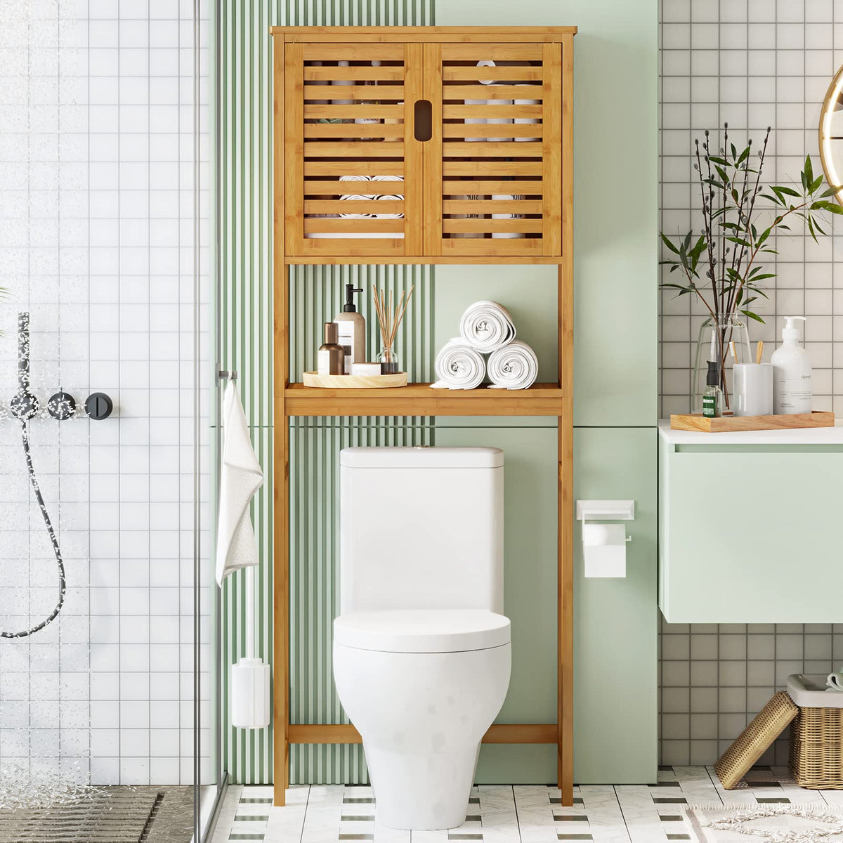Over The Toilet Storage Cabinet with Adjustable Shelves Bamboo T7747