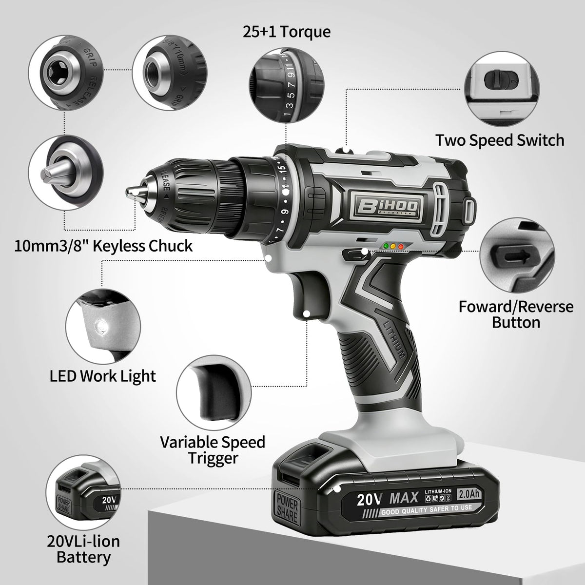 Cordless Drill with 25Nm max, Drill Bits Kit, Gray Z841