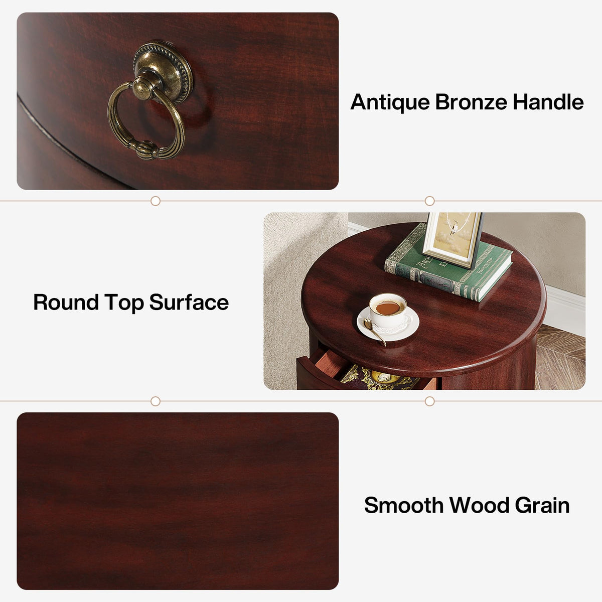 Solid Wood Round End Table with 4 Drawers Q601585