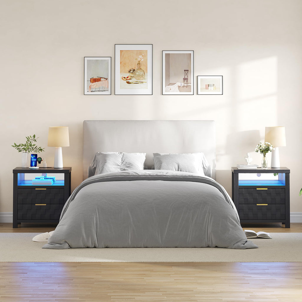 Black Nightstand with Charging Station, 2 Drawers, LED Lights Z739