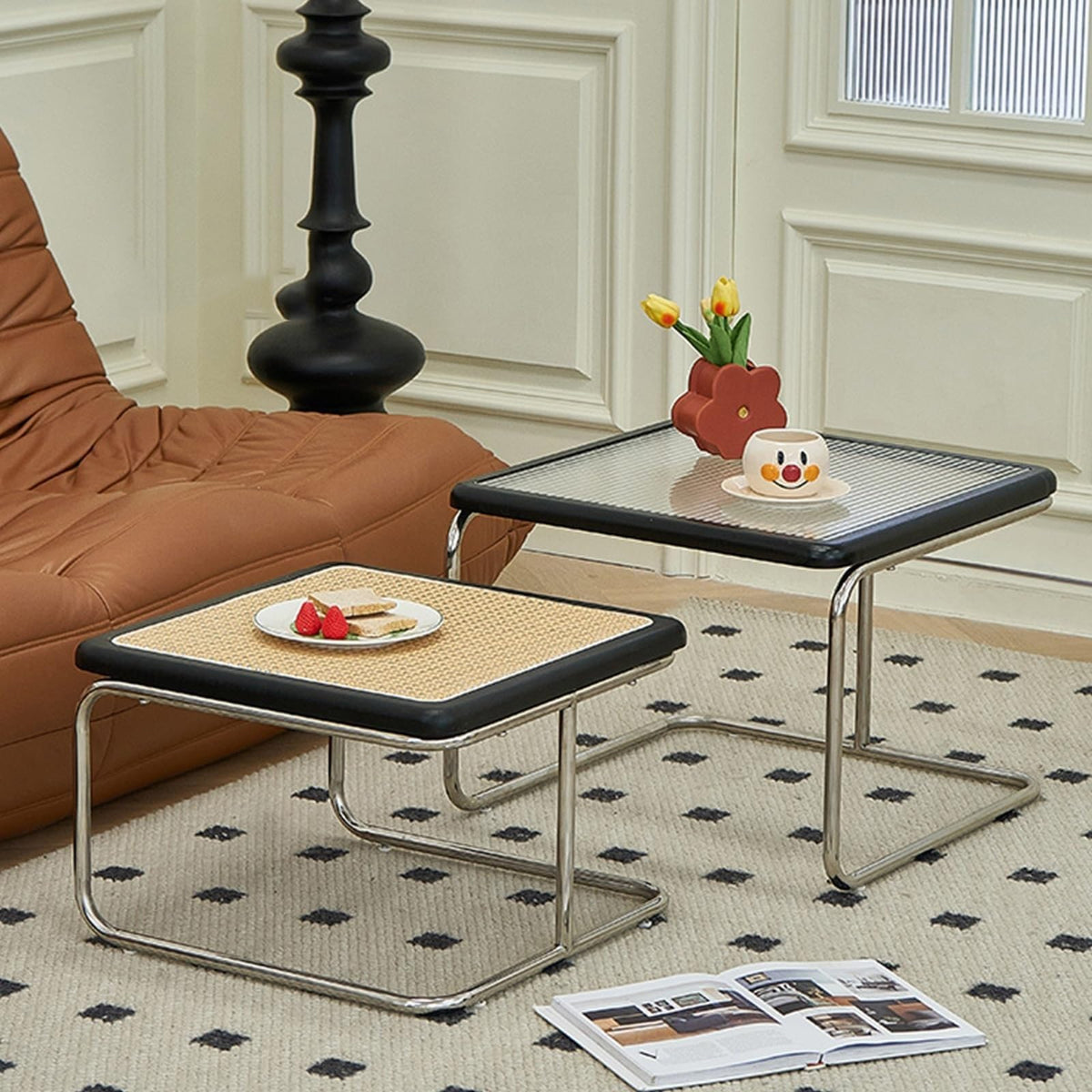 Mid Century Modern Coffee Table Set of 2 Square Metal Base C751205
