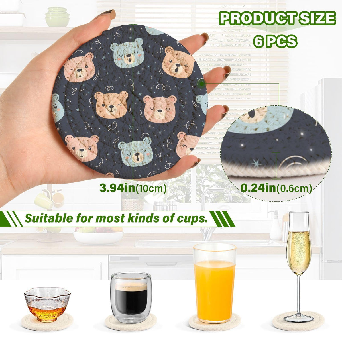 Black Stars Print Drink Coasters with Holder, Set of 6 L42366
