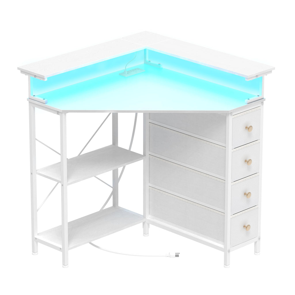 White Corner Desk with Drawers Shelves and Power Outlets V98860