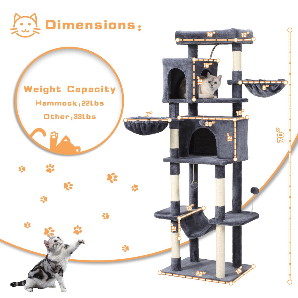 70-Inch Large Cat Tree Tower with Hammock, Scratching Post, Condo, Dark Gray M110