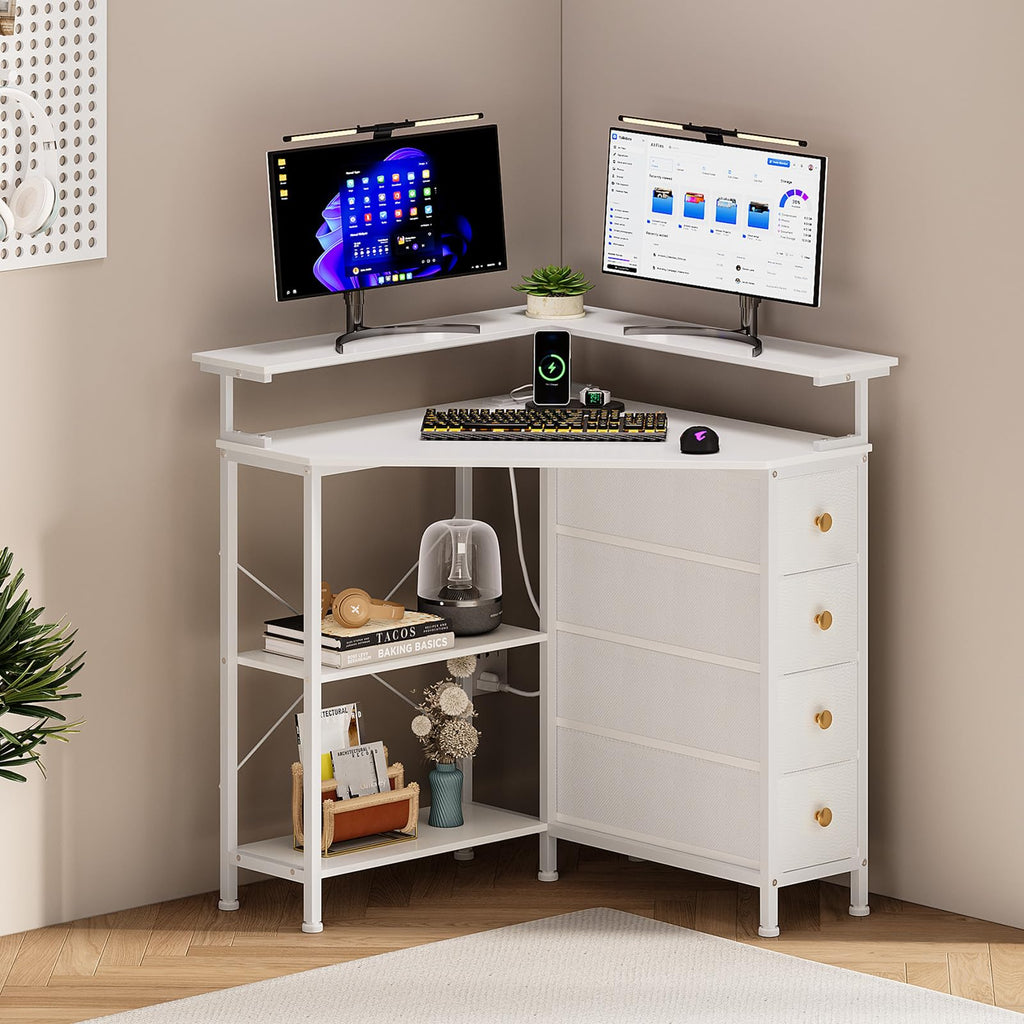 White Corner Desk with Drawers Shelves and Power Outlets V98860