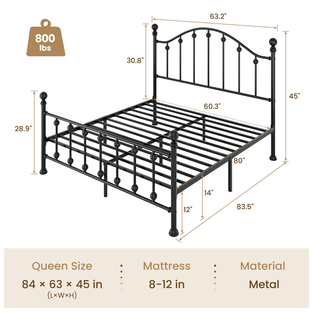 Queen Metal Bed Frame with Victorian Headboard and Footboard Black J206