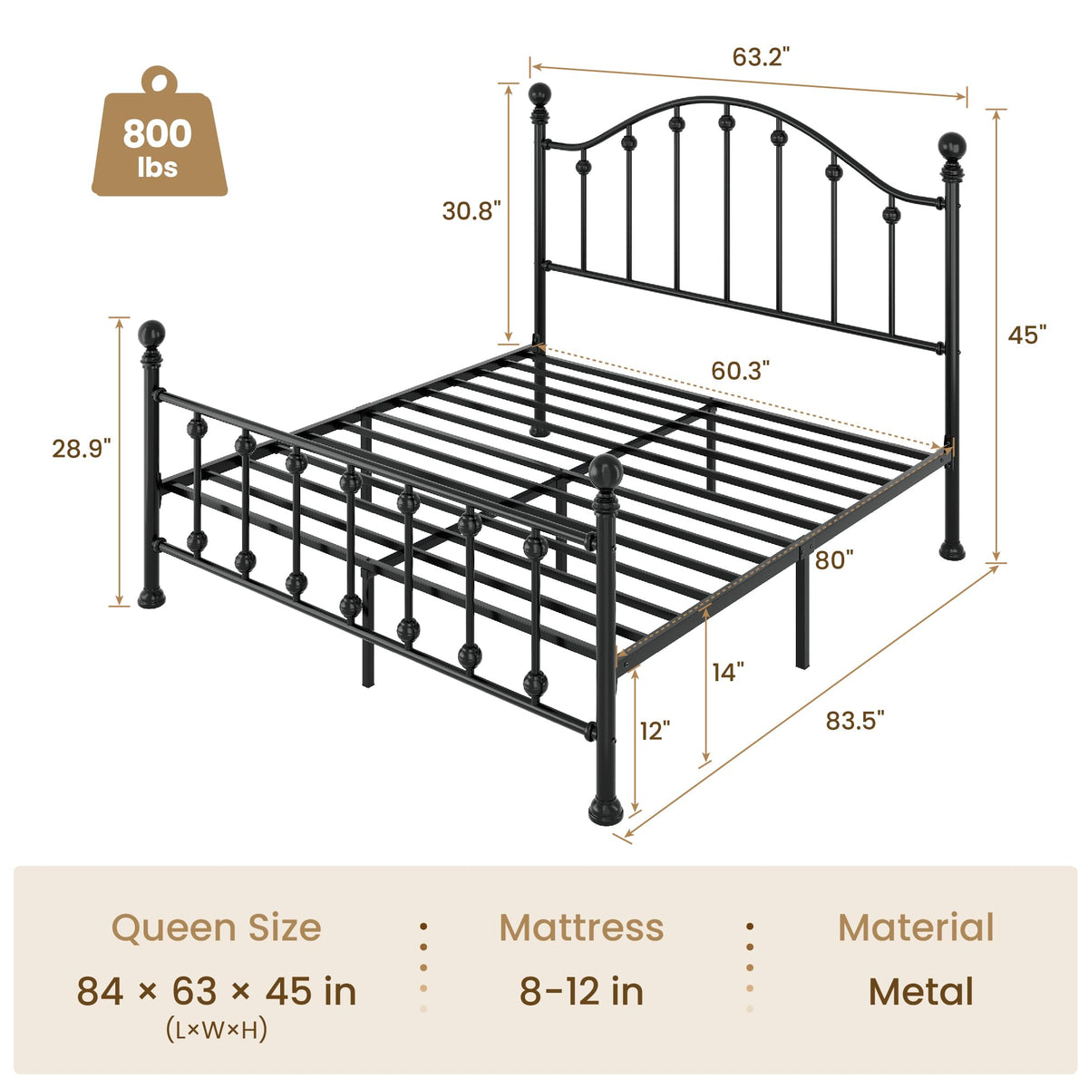 Queen Metal Bed Frame with Victorian Headboard and Footboard Black J206