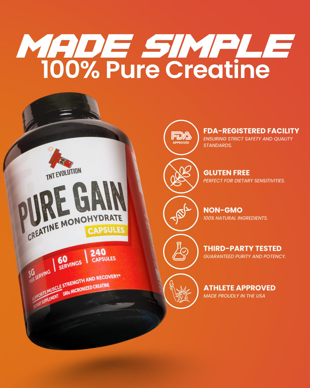 Creatine Monohydrate Capsules 750mg 240 Count Gluten Free D713
