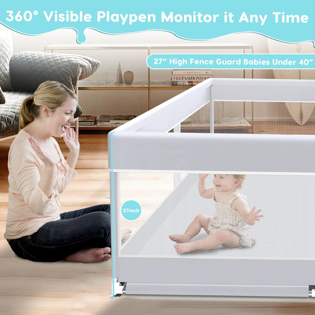 50x50 Inch Grey Baby Playpen with Mesh N97216