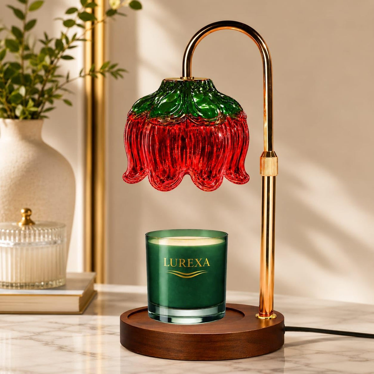 Adjustable Height Candle Warmer Lamp with Timer & Dimmer, Glass Lotus Wax Warmer, 2 GU10 50W Bulbs, Wooden Base K849
