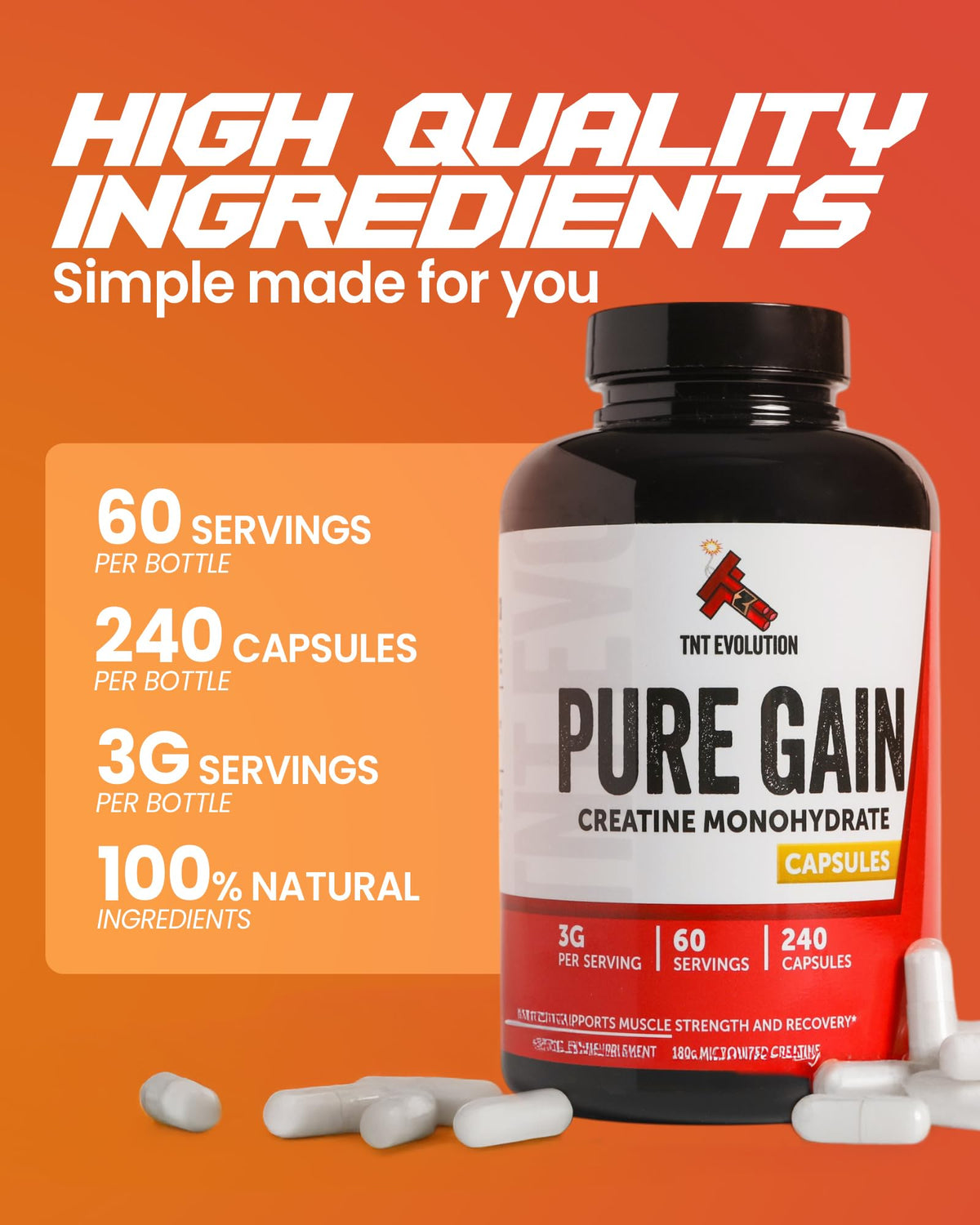 Creatine Monohydrate Capsules 750mg 240 Count Gluten Free D713