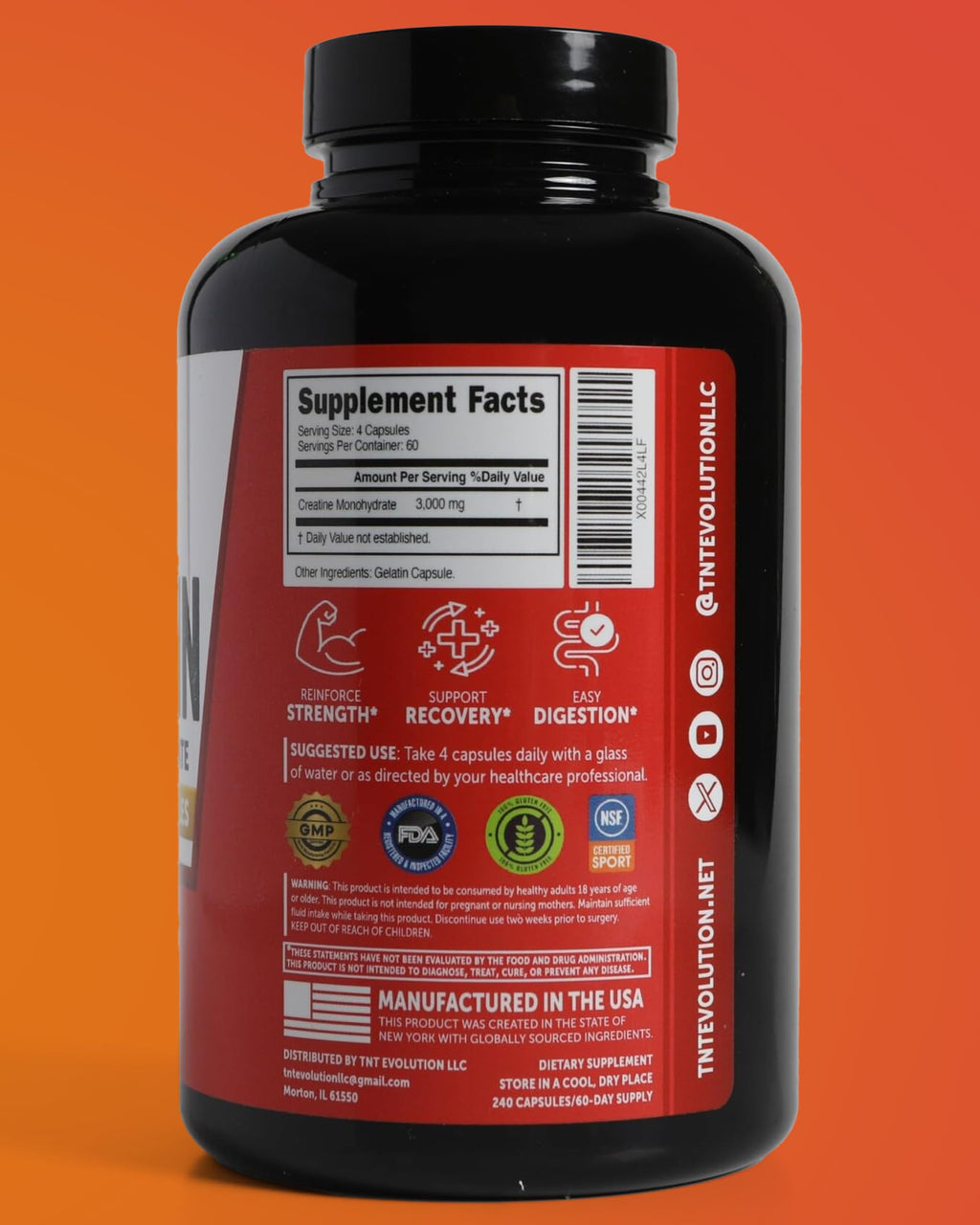 Creatine Monohydrate Capsules 750mg 240 Count Gluten Free D713