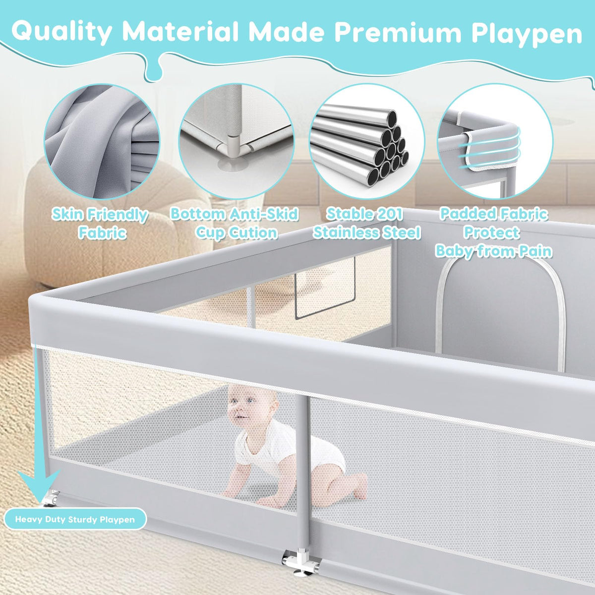 50x50 Inch Grey Baby Playpen with Mesh N97216