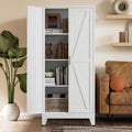 White Farmhouse Storage Kitchen Pantry Cabinet with 2 Barn Door, 3 Adjustable Shelves and Legs B11367