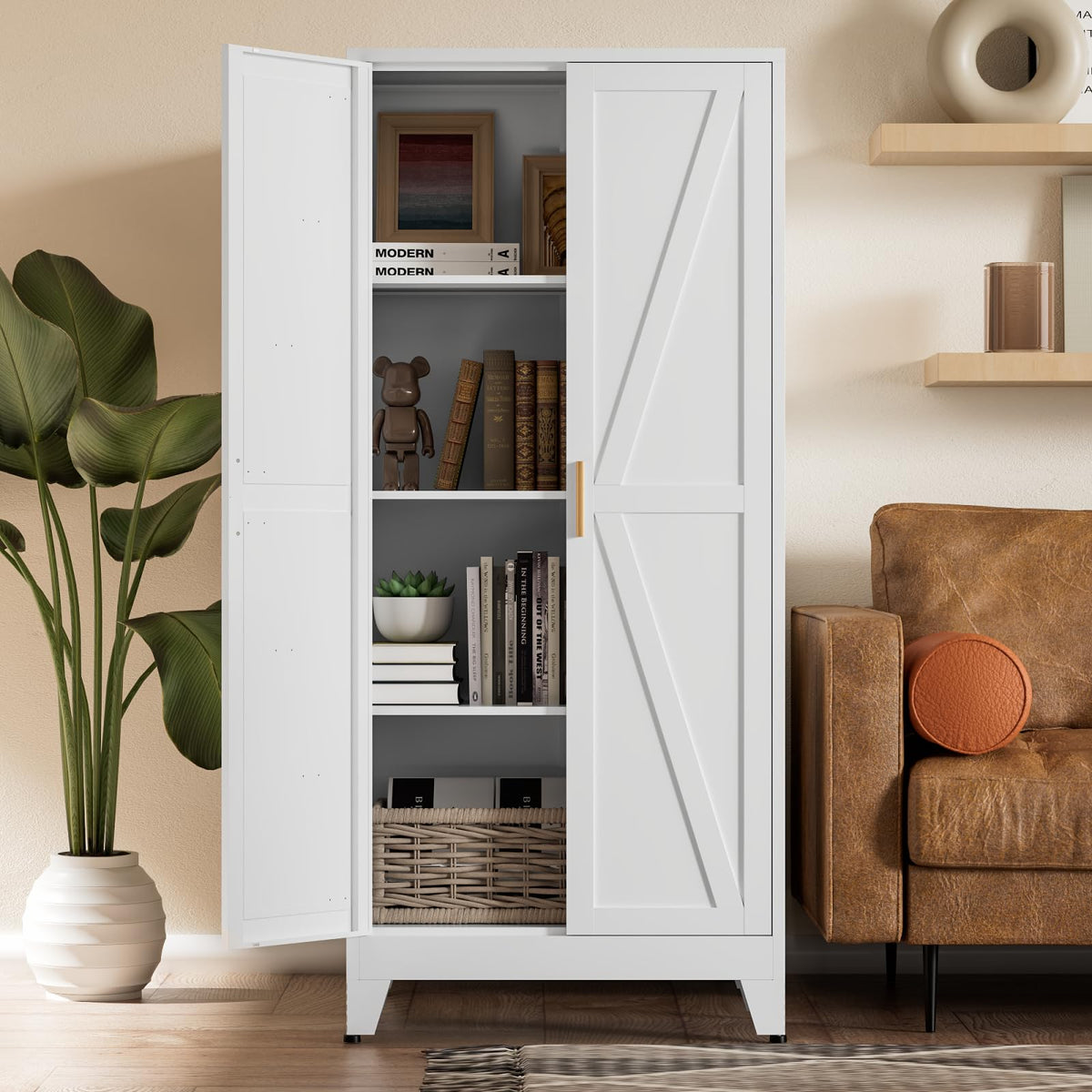 White Farmhouse Storage Kitchen Pantry Cabinet with 2 Barn Door, 3 Adjustable Shelves and Legs B11367
