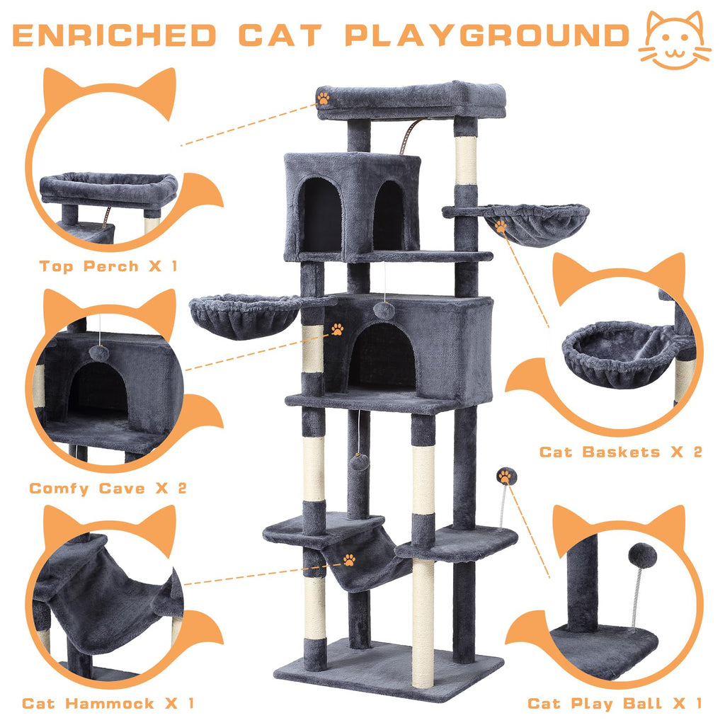 70-Inch Large Cat Tree Tower with Hammock, Scratching Post, Condo, Dark Gray M110