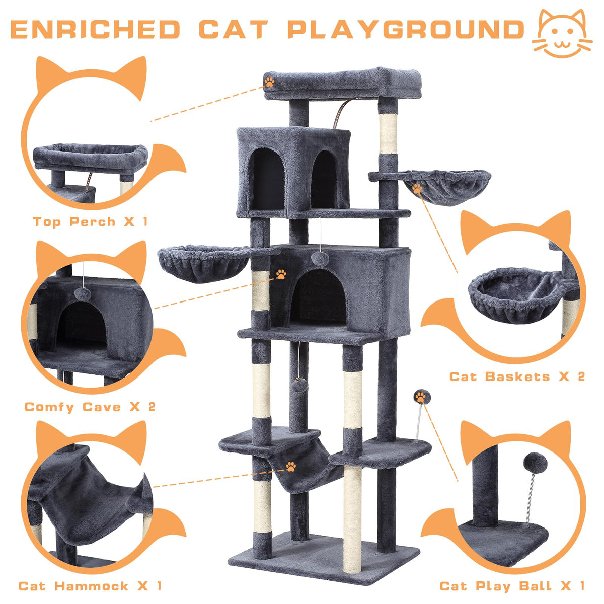 70-Inch Large Cat Tree Tower with Hammock, Scratching Post, Condo, Dark Gray M110