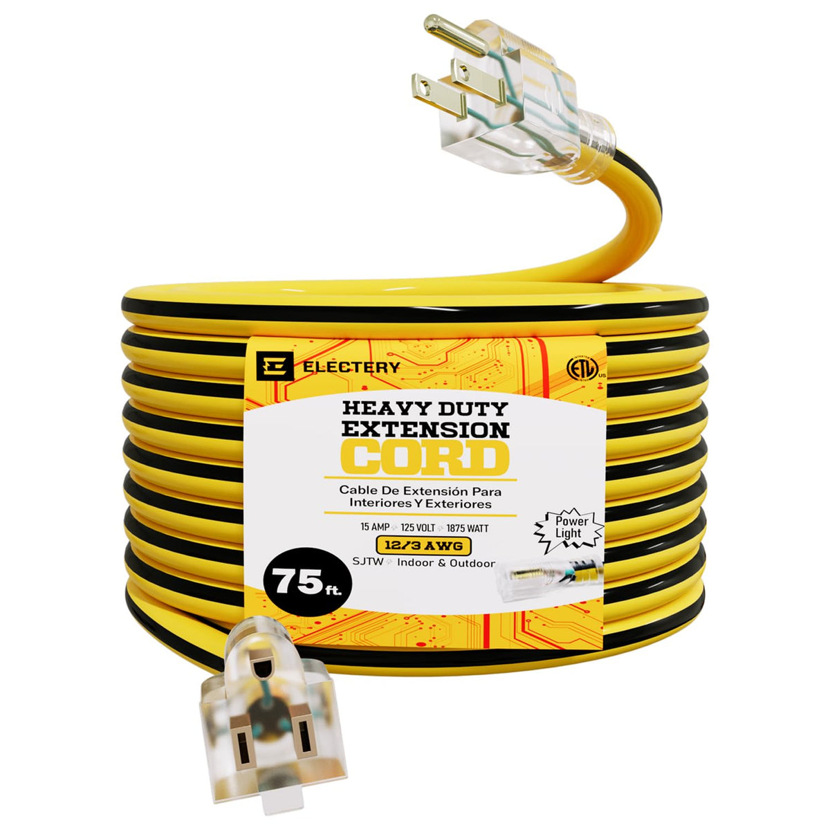 12 Gauge 75 Ft Heavy Duty Extension Cord SJTW Yellow 15Amp 1875W M84713