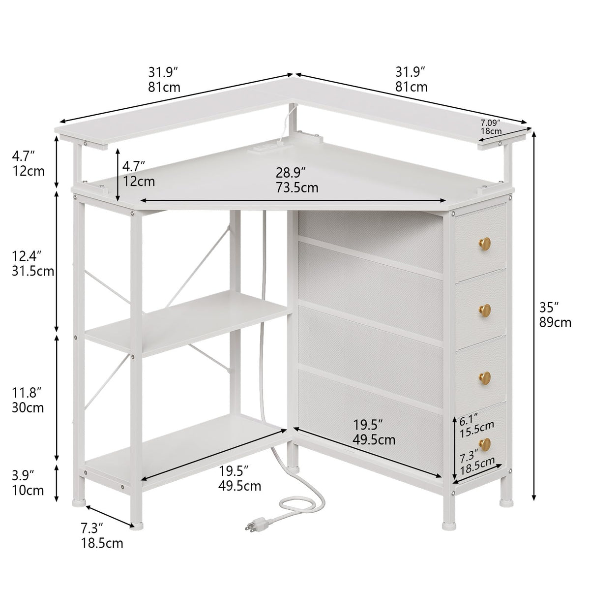 White Corner Desk with Drawers Shelves and Power Outlets V98860