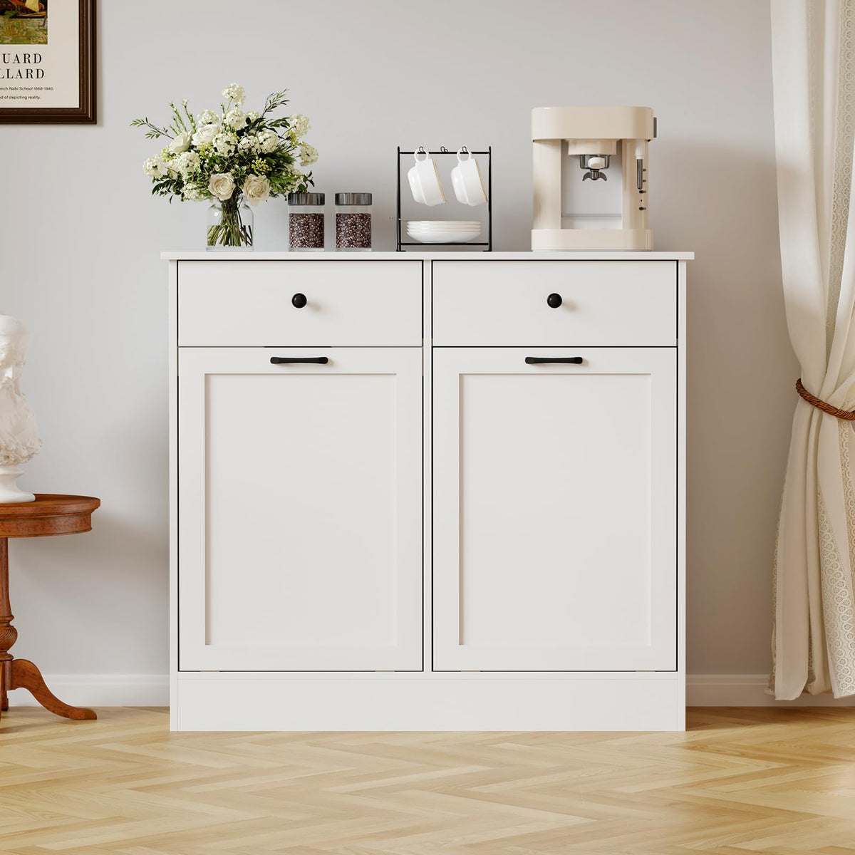 White 20-Gallon Wooden Tilt-Out Trash Can Cabinet I47231
