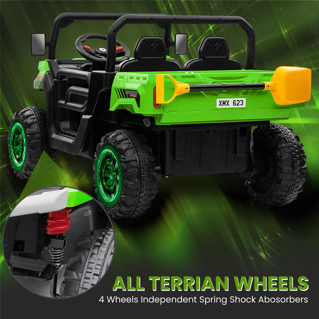 24V 4WD Ride on Truck Car with Dump Bed, 2 Seaters, Remote Control, Green F1678