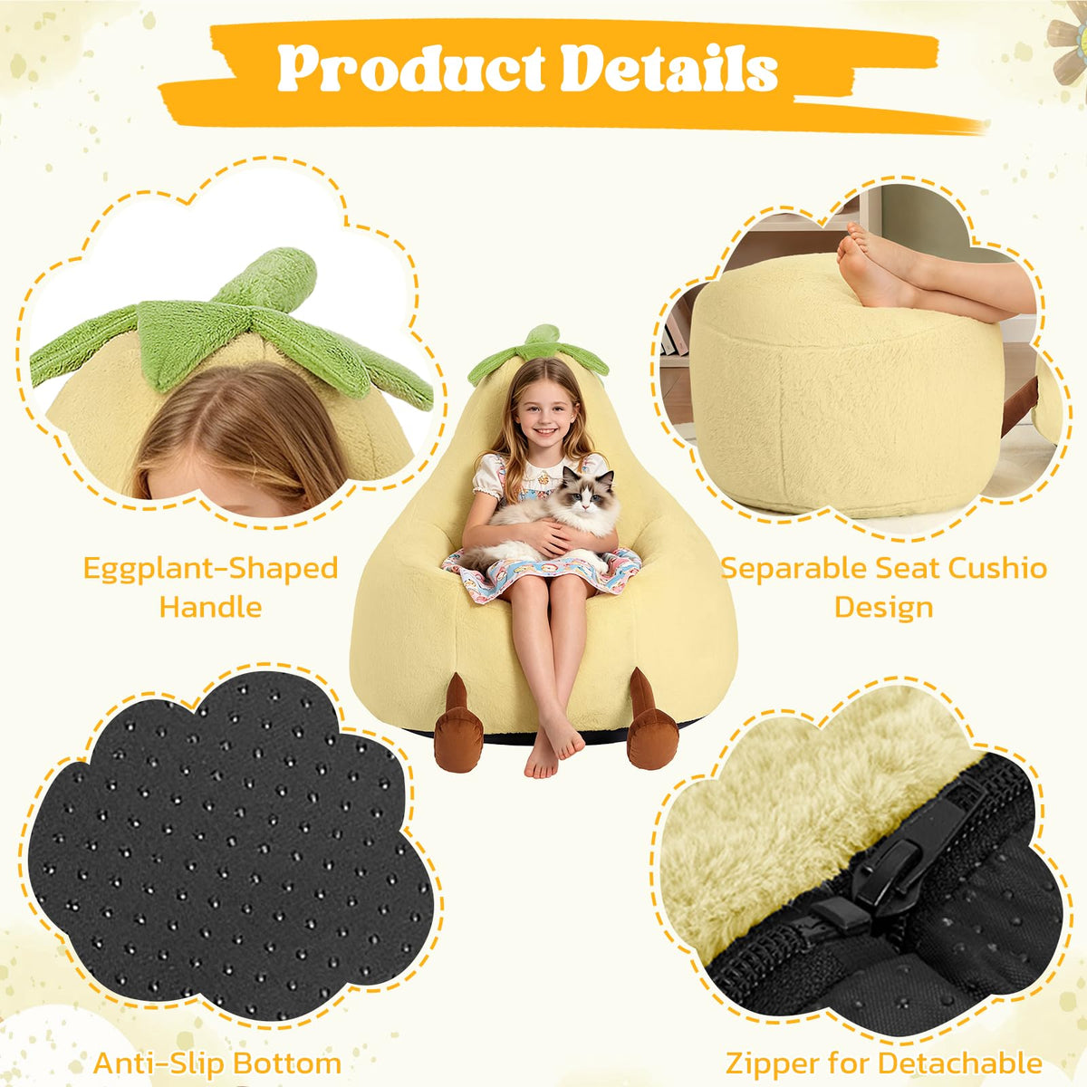 Yellow Faux Rabbit Fur Memory Foam Bean Bag Chair P897