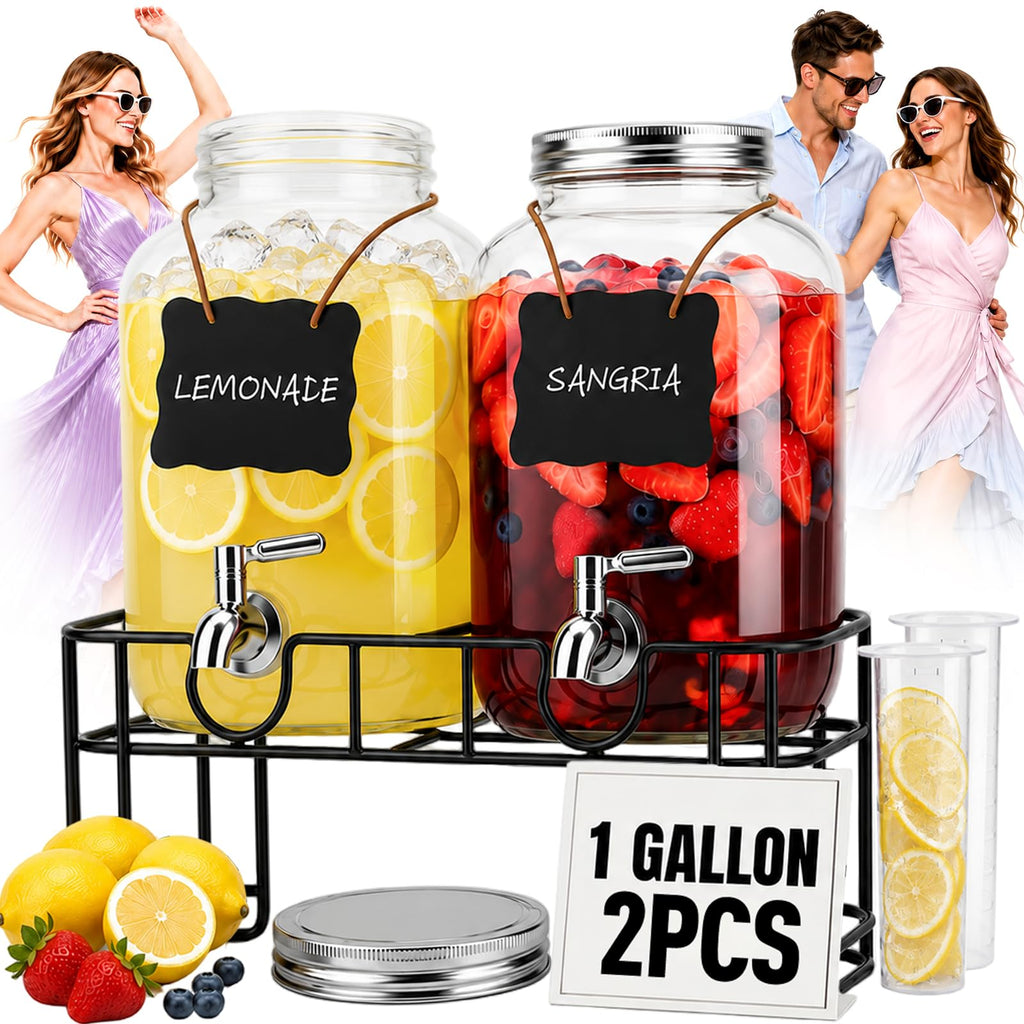 2 PCS 1 Gallon Glass Drink Dispensers with Stand & Fruit Infuser M2770