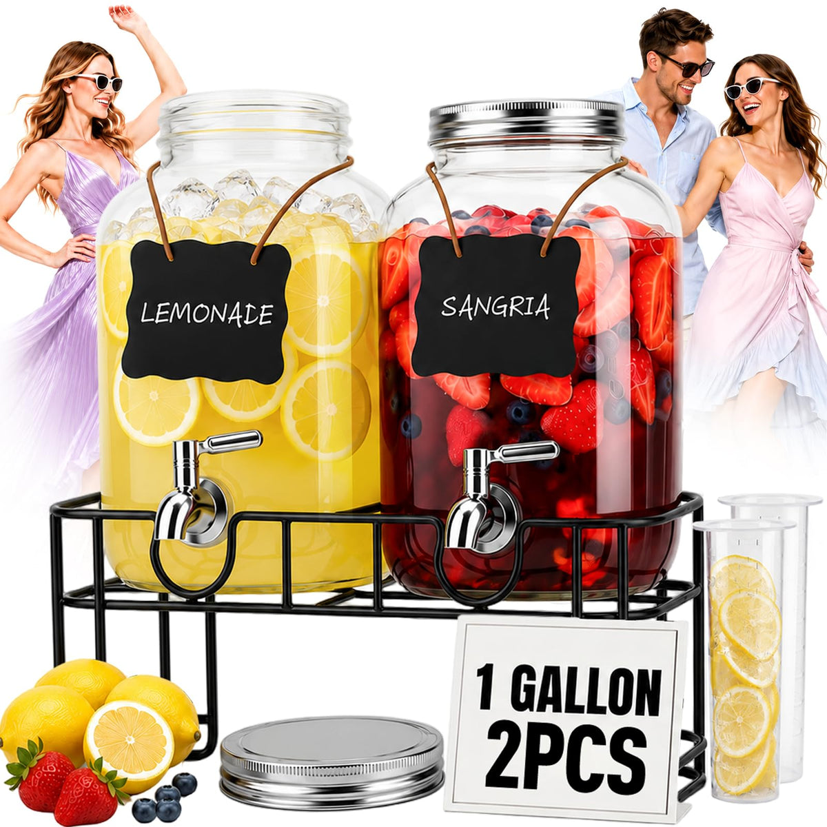 2 PCS 1 Gallon Glass Drink Dispensers with Stand & Fruit Infuser M2770