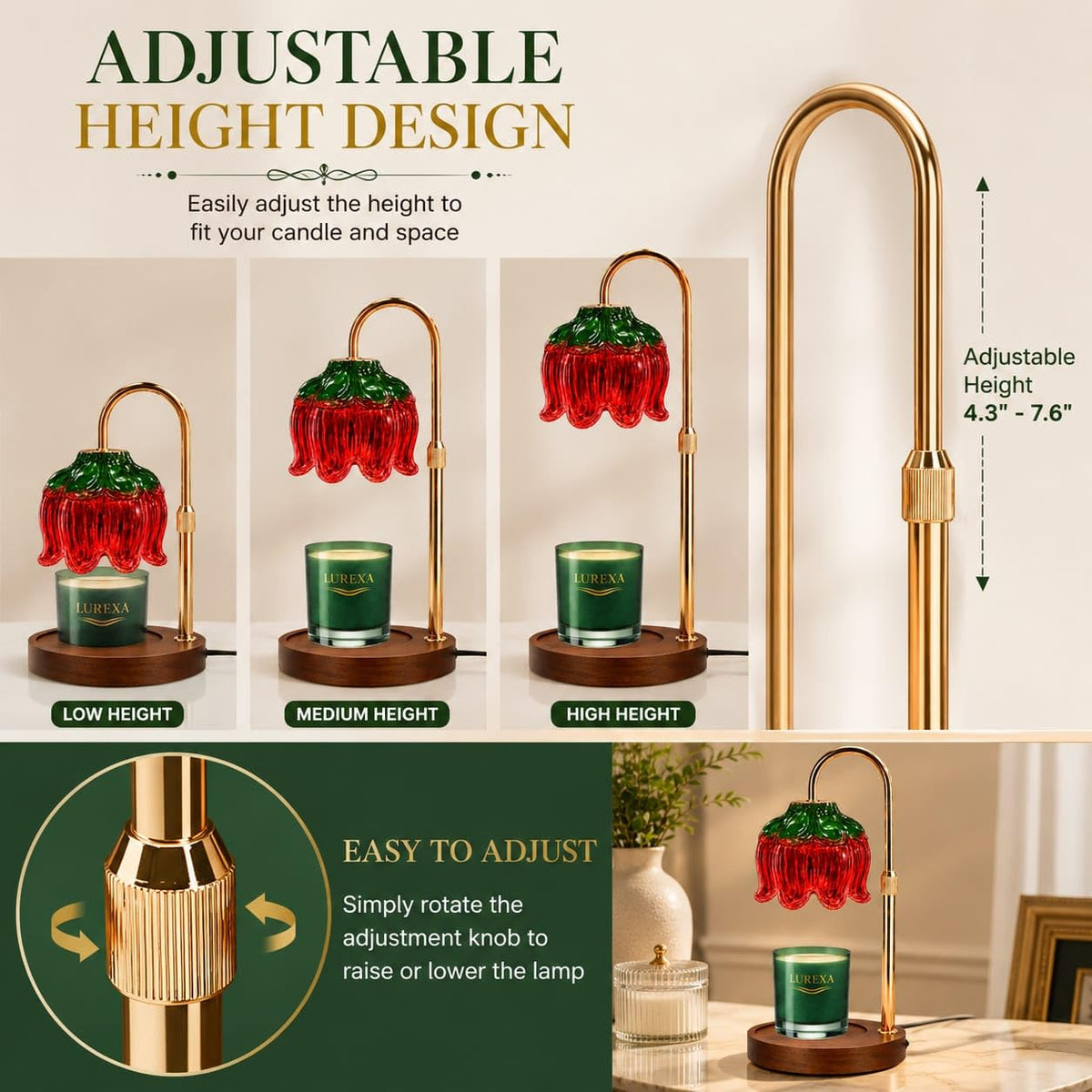 Adjustable Height Candle Warmer Lamp with Timer & Dimmer, Glass Lotus Wax Warmer, 2 GU10 50W Bulbs, Wooden Base K849