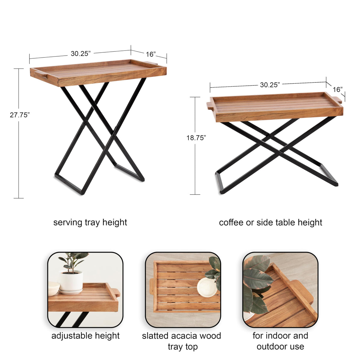 Natural Brown and Black Wood Tray Table with Removable Serving Tray Top I8662