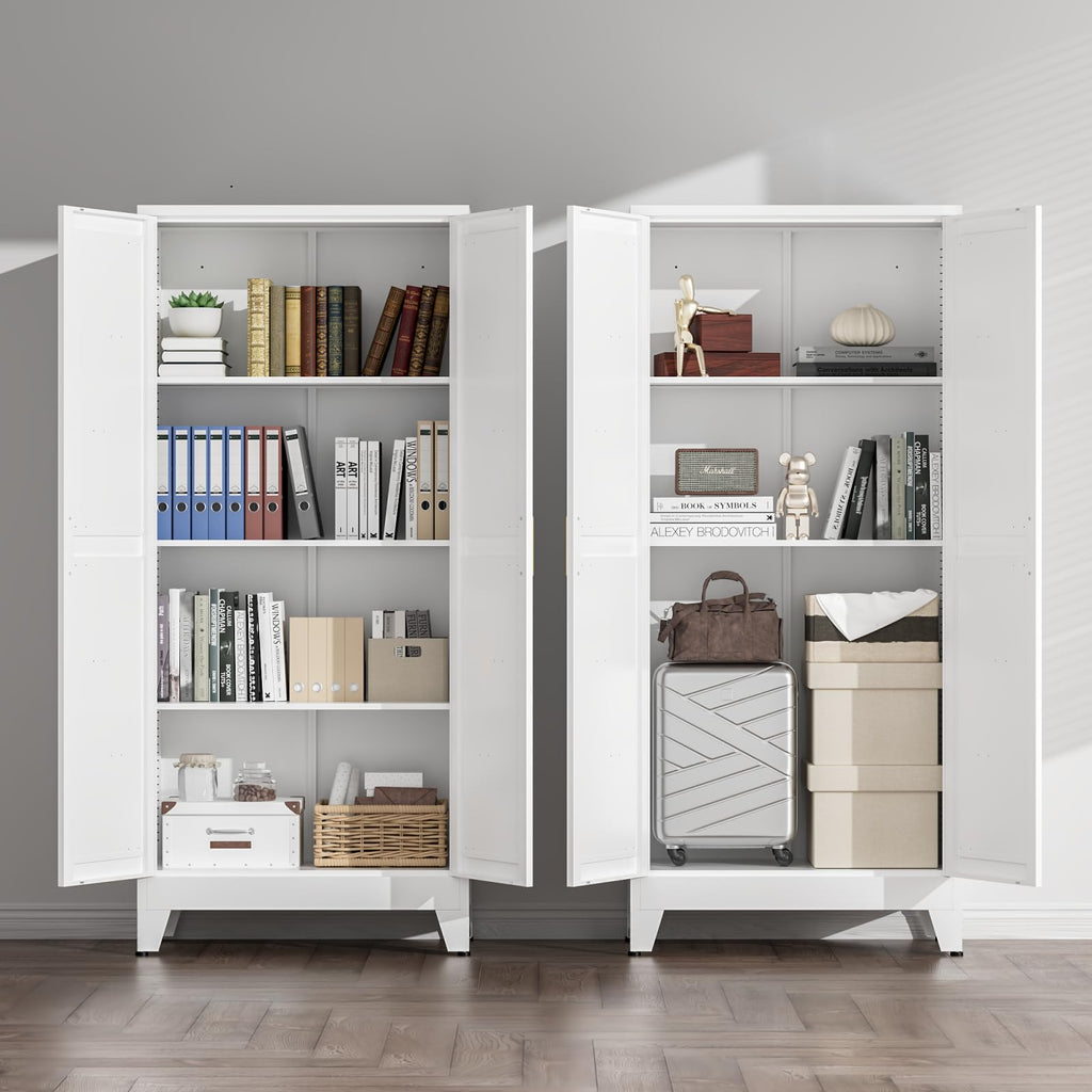 White Farmhouse Storage Kitchen Pantry Cabinet with 2 Barn Door, 3 Adjustable Shelves and Legs B11367