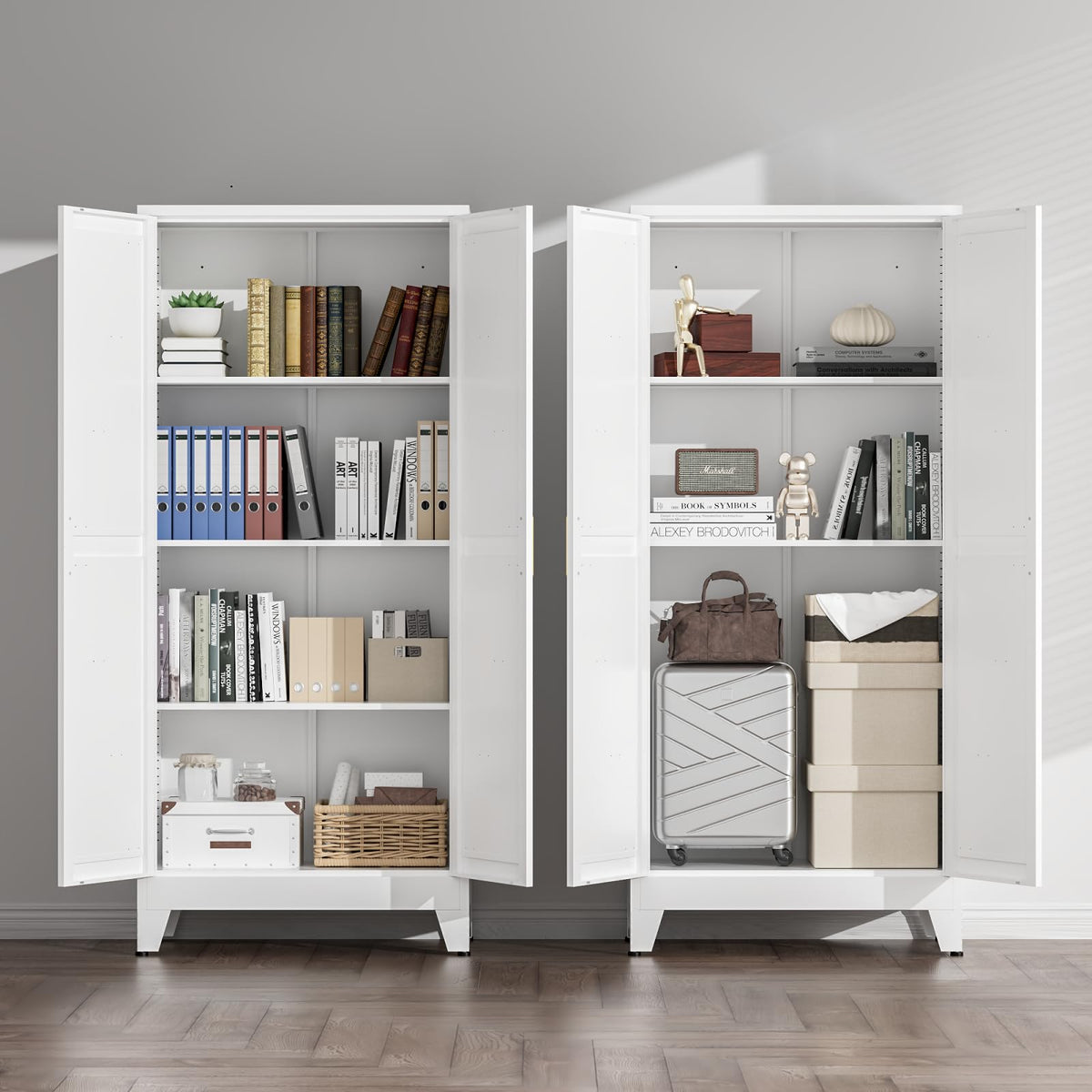 White Farmhouse Storage Kitchen Pantry Cabinet with 2 Barn Door, 3 Adjustable Shelves and Legs B11367